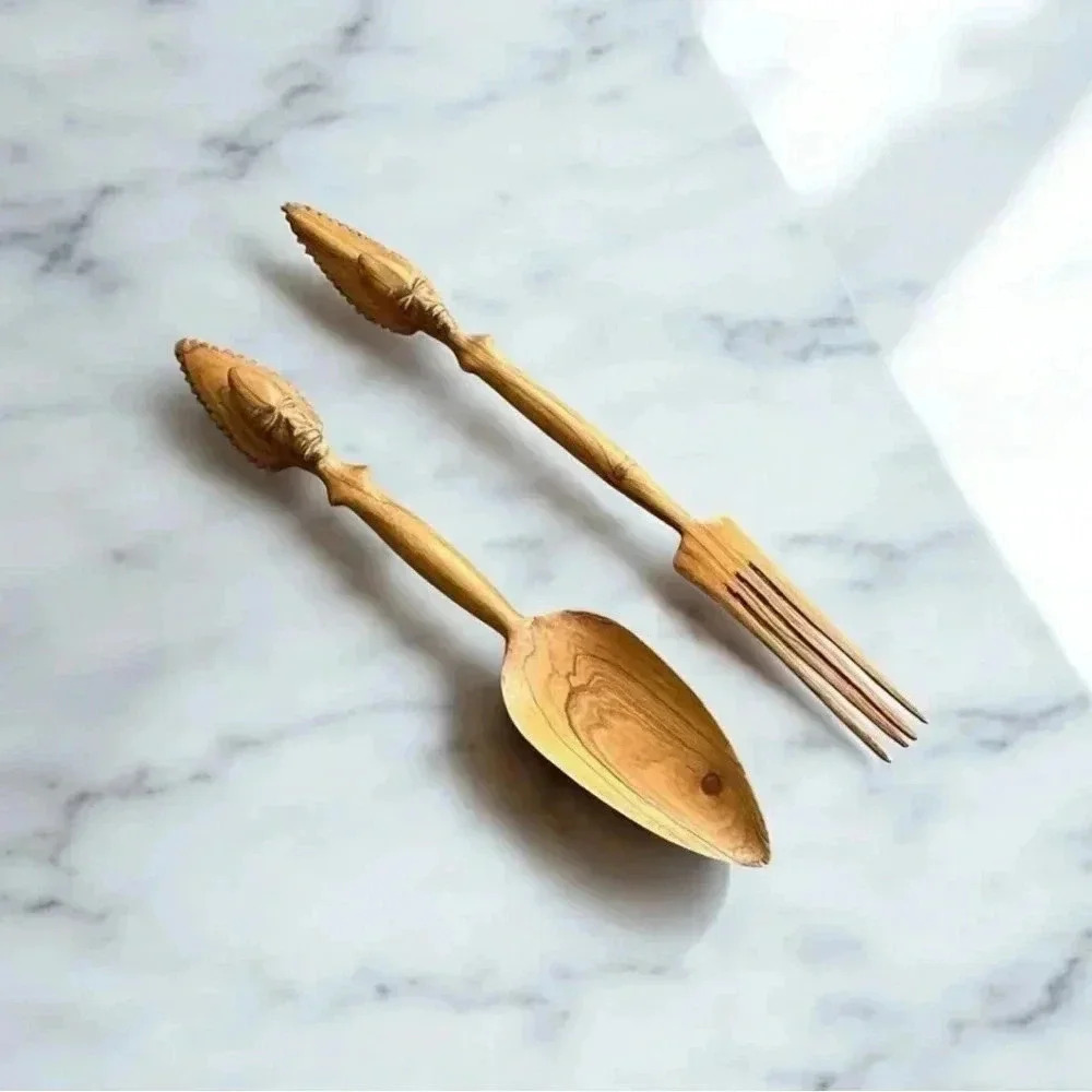 2 for $30 💎𝅺VINTAGE Hand  Carved African Tribal Art Fork & Spoon - Picture 6 of 15